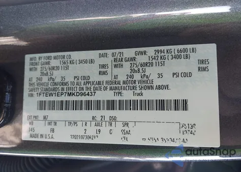 2021 Ford F-150 Xlt z USA, uszkodzony, nr VIN 1FTEW1EP7MKD96437